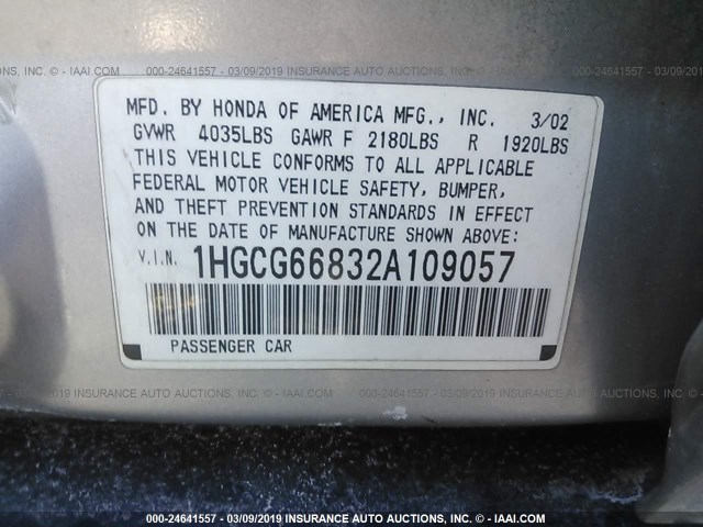 1HGCG66832A109057 - 2002 HONDA ACCORD EX/SE SILVER photo 9