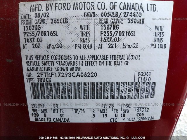 2FTRF17293CA06220 - 2003 FORD F150 RED photo 9