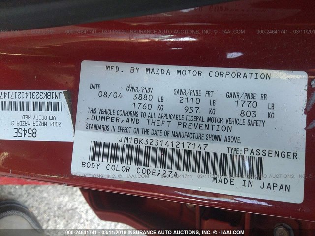 JM1BK323141217147 - 2004 MAZDA 3 S RED photo 9