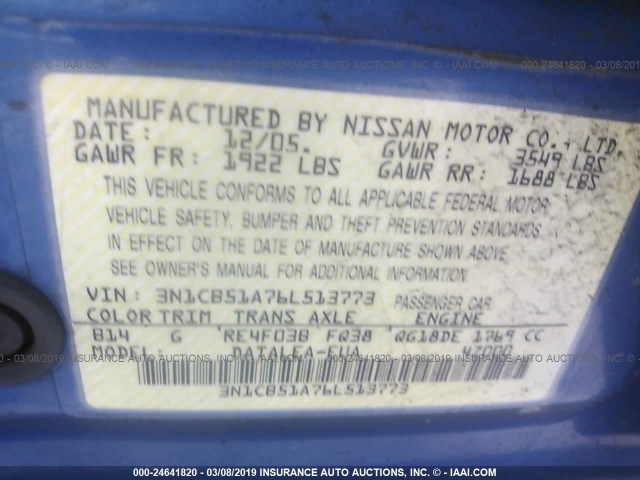 3N1CB51A76L513773 - 2006 NISSAN SENTRA 1.8S BLUE photo 9