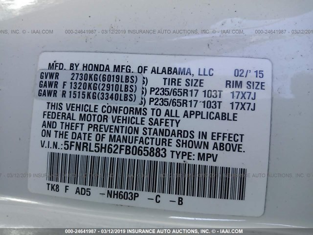 5FNRL5H62FB065883 - 2015 HONDA ODYSSEY EXL WHITE photo 9