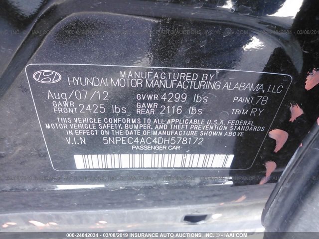 5NPEC4AC4DH578172 - 2013 HYUNDAI SONATA SE/LIMITED BLACK photo 9