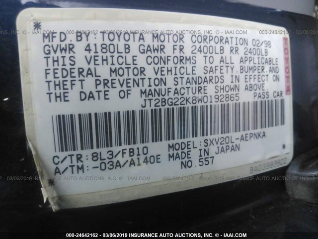 JT2BG22K8W0192865 - 1998 TOYOTA CAMRY CE/LE/XLE 蓝色 照片 9