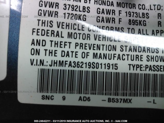 JHMFA36219S011915 - 2009 HONDA CIVIC HYBRID BLUE photo 9