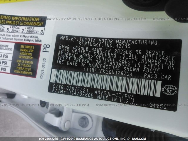 4T1BF1FK2GU178724 - 2016 TOYOTA CAMRY LE/XLE/SE/XSE WHITE photo 9