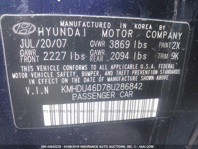 KMHDU46D78U286842 - 2008 HYUNDAI ELANTRA GLS/SE/LIMITED BLUE photo 9