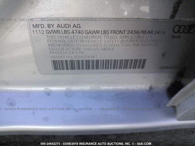 WAUEFAFL3DN029381 - 2013 AUDI A4 PREMIUM PLUS SILVER photo 9