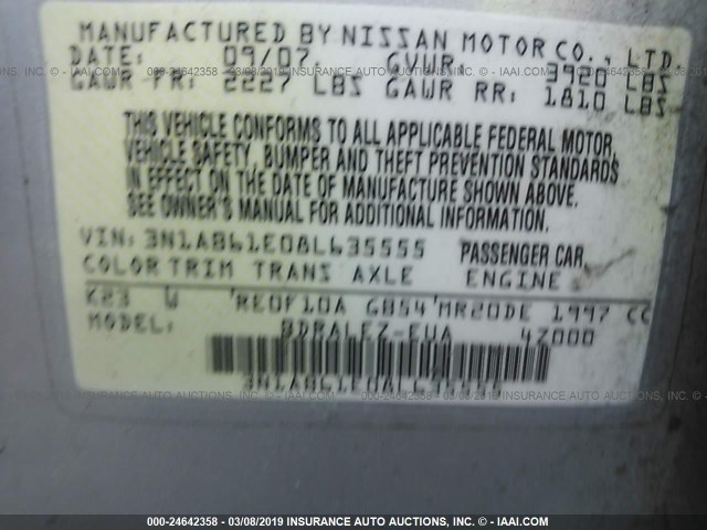 3N1AB61E08L635555 - 2008 NISSAN SENTRA 2.0/2.0S/2.0SL SILVER photo 9