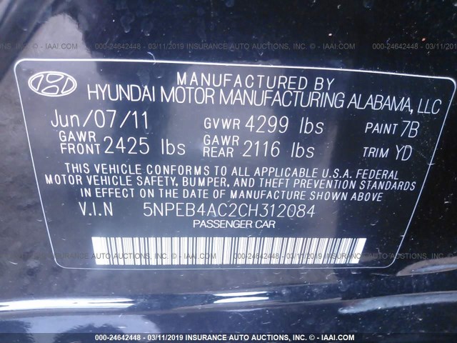 5NPEB4AC2CH312084 - 2012 HYUNDAI SONATA GLS BLACK photo 9