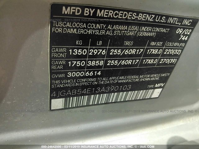 4JGAB54E13A390103 - 2003 MERCEDES-BENZ ML 320 SILVER photo 9