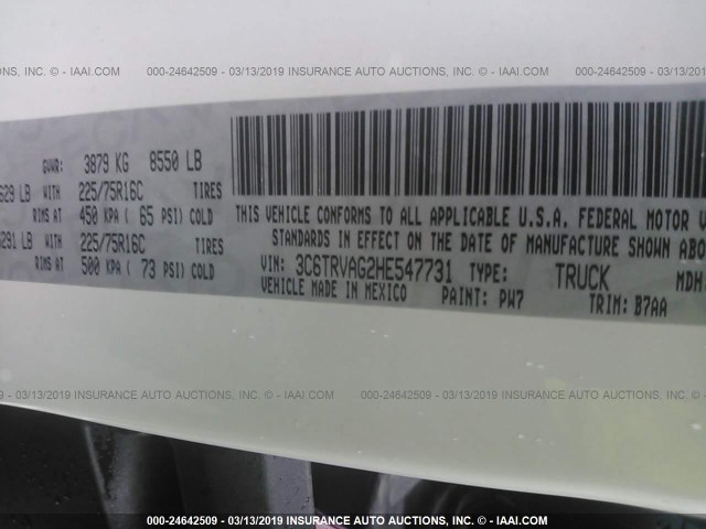 3C6TRVAG2HE547731 - 2017 RAM PROMASTER 1500 1500 STANDARD WHITE photo 9