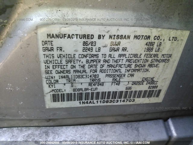 1N4AL11D83C314703 - 2003 NISSAN ALTIMA S/SL SILVER photo 9