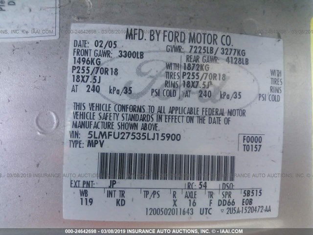 5LMFU27535LJ15900 - 2005 LINCOLN NAVIGATOR Gümüş foto 9