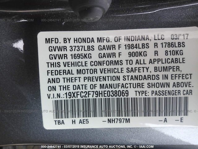 19XFC2F79HE038069 - 2017 HONDA CIVIC EX GRAY photo 9