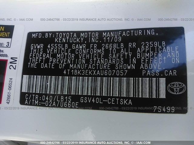 4T1BK3EKXAU607057 - 2010 TOYOTA CAMRY SE/LE/XLE WHITE photo 9