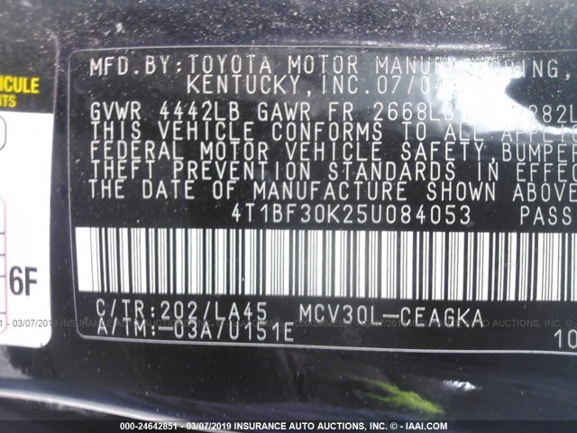 4T1BF30K25U084053 - 2005 TOYOTA CAMRY LE/XLE/SE BLACK photo 9