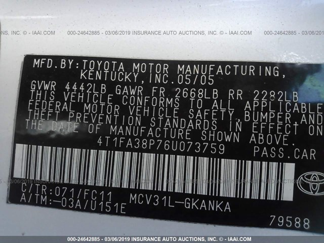 4T1FA38P76U073759 - 2006 TOYOTA CAMRY SOLARA SE/SLE თეთრი ფოტო 9