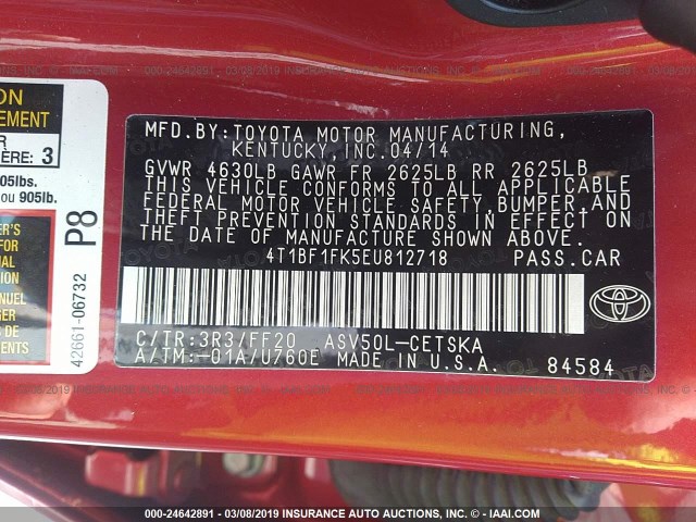 4T1BF1FK5EU812718 - 2014 TOYOTA CAMRY L/SE/LE/XLE Qırmızı foto 9