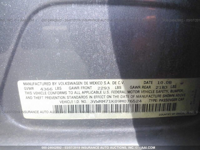 3VWRM71K09M076524 - 2009 VOLKSWAGEN JETTA SE/SEL GRAY photo 9