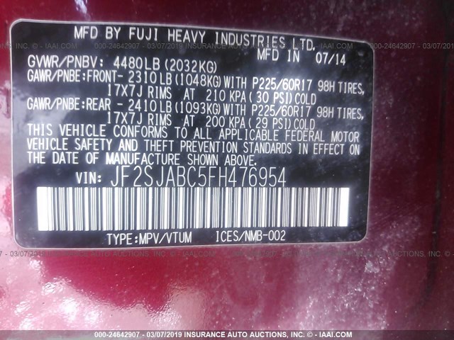 JF2SJABC5FH476954 - 2015 SUBARU FORESTER 2.5I MAROON photo 9