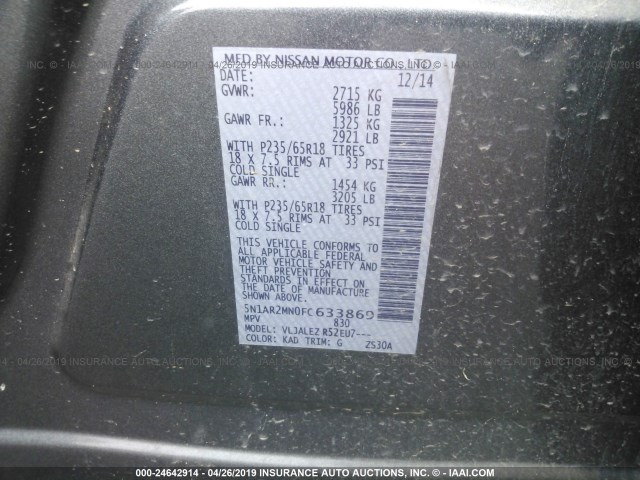 5N1AR2MN0FC633869 - 2015 NISSAN PATHFINDER S/SV/SL/PLATINUM GRAY photo 9