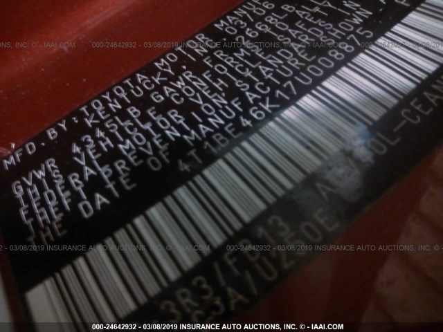 4T1BE46K17U008875 - 2007 TOYOTA CAMRY NEW GENERAT CE/LE/XLE/SE RED photo 9