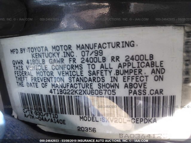 4T1BG22K2XU606705 - 1999 TOYOTA CAMRY CE/LE/XLE GRAY photo 9