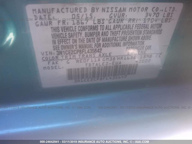 3N1CE2CP8FL435642 - 2015 NISSAN VERSA NOTE S/S PLUS/SV/SL/SR TEAL photo 9