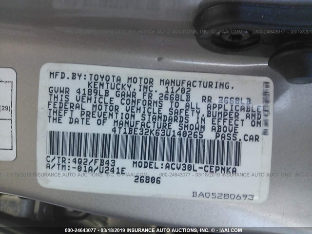 4T1BE32K63U140265 - 2003 TOYOTA CAMRY LE/XLE/SE GOLD photo 9