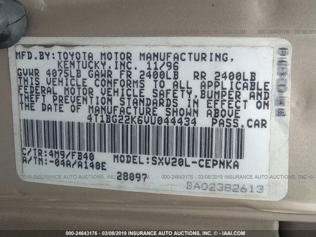 4T1BG22K6VU044434 - 1997 TOYOTA CAMRY CE/LE/XLE BEIGE photo 9