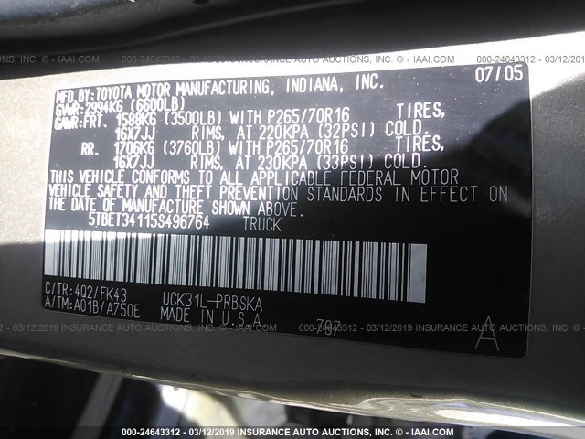 5TBET34115S496764 - 2005 TOYOTA TUNDRA DOUBLE CAB SR5 BROWN photo 9