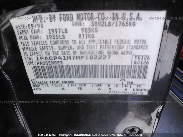 1FACP41M7MF102227 - 1991 FORD MUSTANG LX BLACK photo 9