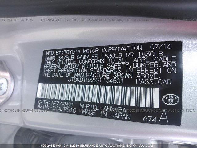 JTDKDTB38G1134801 - 2016 TOYOTA PRIUS C SILVER photo 9