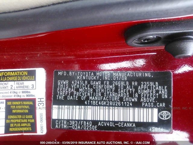 4T1BE46K28U261124 - 2008 TOYOTA CAMRY CE/LE/XLE/SE 红色 照片 9