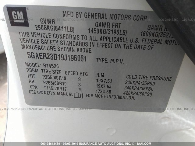 5GAER23D19J196061 - 2009 BUICK ENCLAVE CXL 白色 照片 9