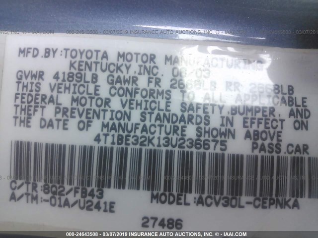 4T1BE32K13U236675 - 2003 TOYOTA CAMRY LE/XLE/SE TEAL photo 9