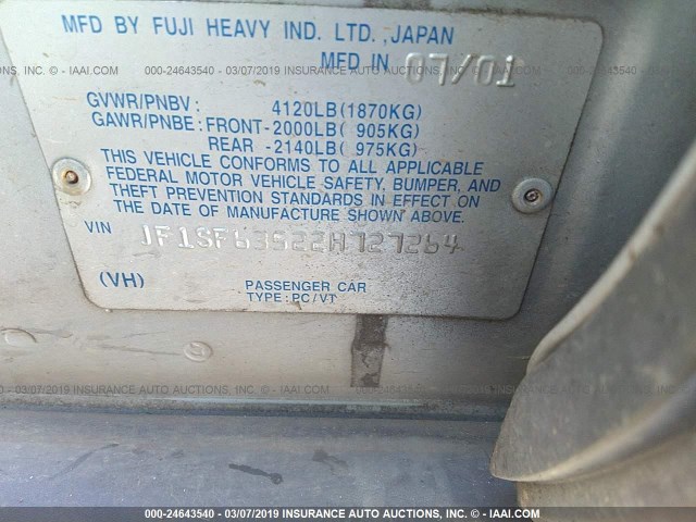 JF1SF63522H727264 - 2002 SUBARU FORESTER L SILVER photo 9