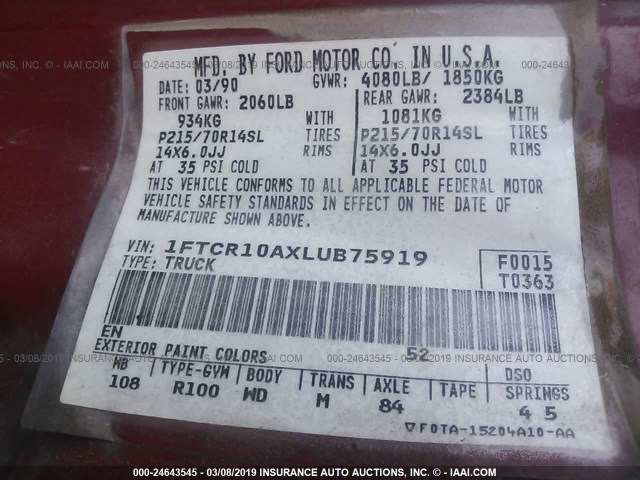 1FTCR10AXLUB75919 - 1990 FORD RANGER RED photo 9