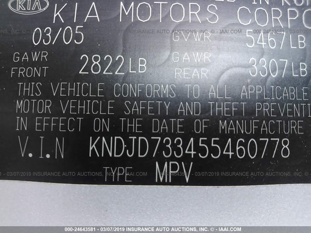 KNDJD733455460778 - 2005 KIA SORENTO EX/LX SILVER photo 9