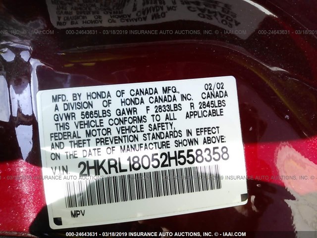 2HKRL18052H558358 - 2002 HONDA ODYSSEY EXL RED photo 9