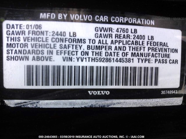 YV1TH592861445381 - 2006 VOLVO S80 2.5T Dark Blue photo 9