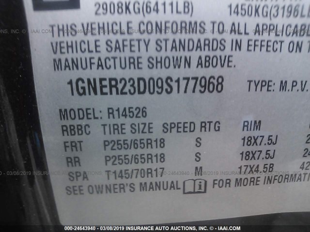 1GNER23D09S177968 - 2009 CHEVROLET TRAVERSE LT BLACK photo 9