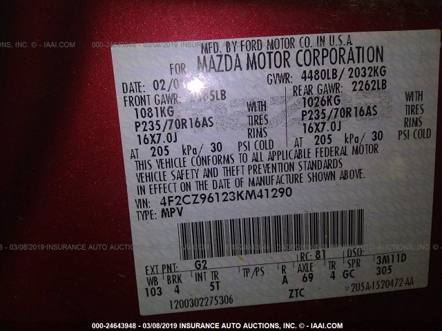 4F2CZ96123KM41290 - 2003 MAZDA TRIBUTE ES 红色 照片 9