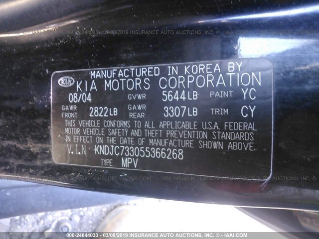 KNDJC733055366268 - 2005 KIA SORENTO EX/LX BLACK photo 9