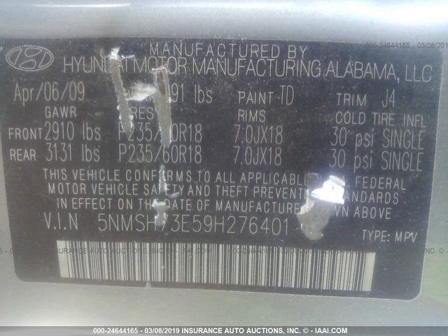 5NMSH73E59H276401 - 2009 HYUNDAI SANTA FE SE/LIMITED GRAY photo 9