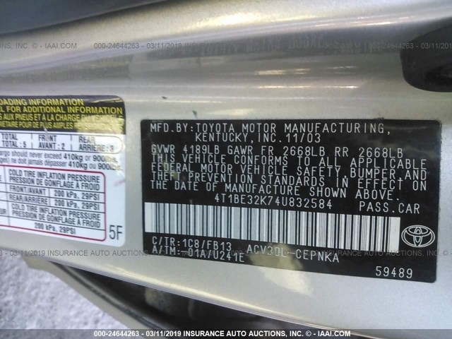 4T1BE32K74U832584 - 2004 TOYOTA CAMRY LE/XLE/SE SILVER photo 9