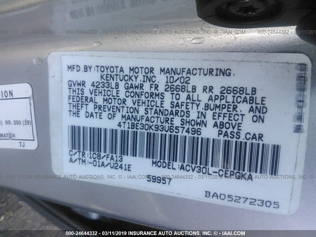 4T1BE30K93U657496 - 2003 TOYOTA CAMRY LE/XLE/SE SILVER photo 9