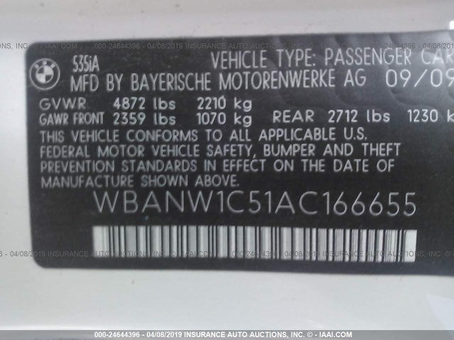 WBANW1C51AC166655 - 2010 BMW 535 I WHITE photo 9