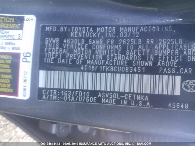 4T1BF1FK8CU083451 - 2012 TOYOTA CAMRY SE/LE/XLE GRAY photo 9