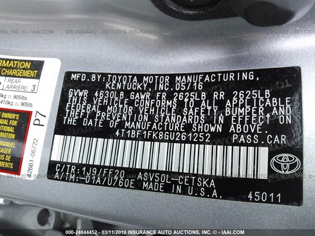 4T1BF1FK8GU261252 - 2016 TOYOTA CAMRY LE/XLE/SE/XSE 银色 照片 9